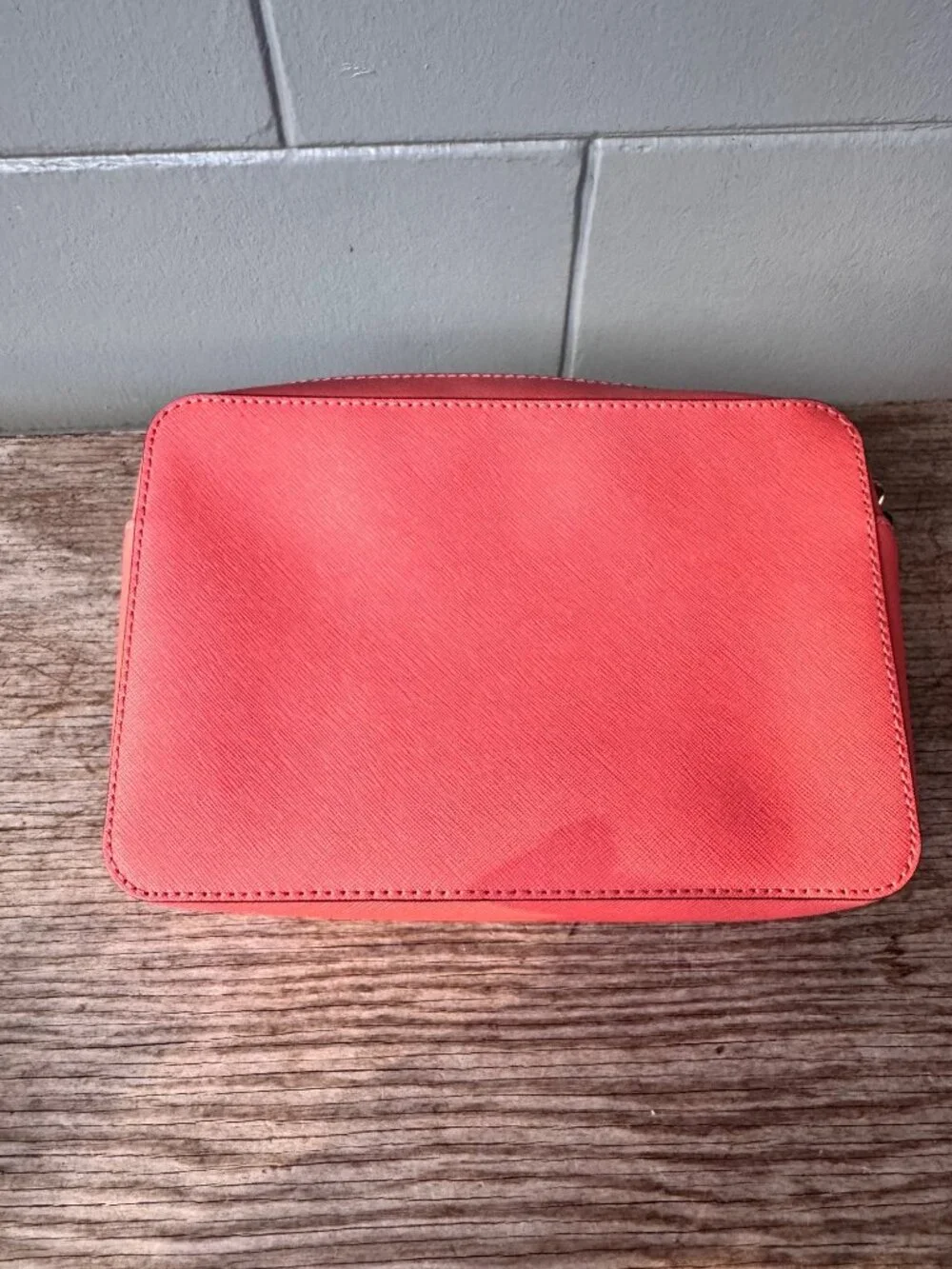 Michael Kors Coral Saffiano Double Zip Crossbody Bag Gold Hardware MK Logo Linin